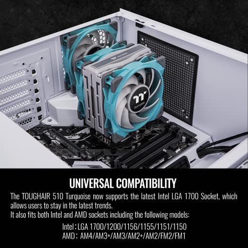 Image of Thermaltake TOUGHAIR 510 180W TDP Cooler Turquoise Edition, Intel /AMD Socket (LGA 1700 /1200), Dual 120mm 2000RPM High Static Pressure PWM Fan with High Performance Copper Heat Pipes CL-P075-AL12TQ-A