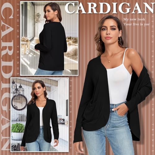 TownCat Strickjacke Damen Dünne Casual Langarm Elegant Cardigan Mit Taschen Leicht Gemütlich Offene Vorderseite Ärmel Draussen Atmungsaktiv Jacken Schwarz M