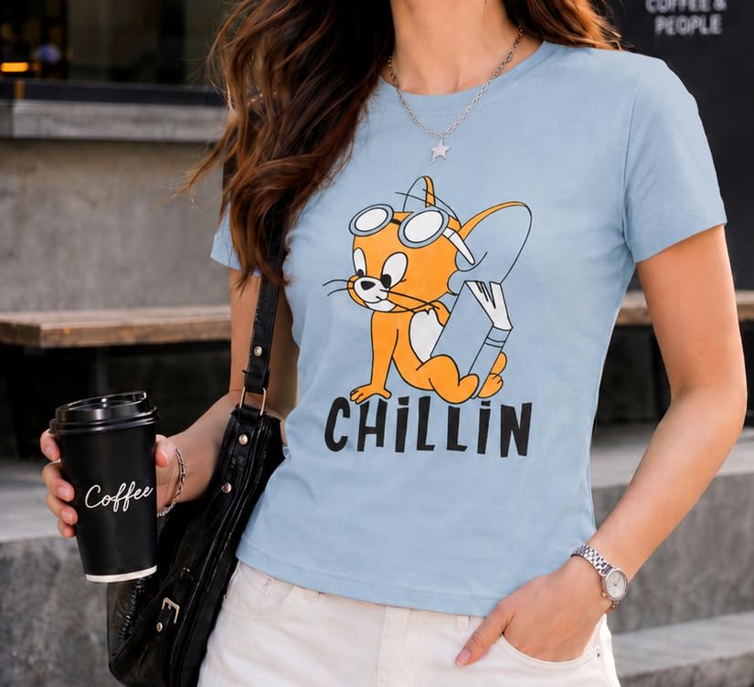 Image of Preneum Women's Graphic Printed T-Shirt, Round Neck Half Sleeve Casual Slim Fit Cotton Blend Tee, College, Office & Travel