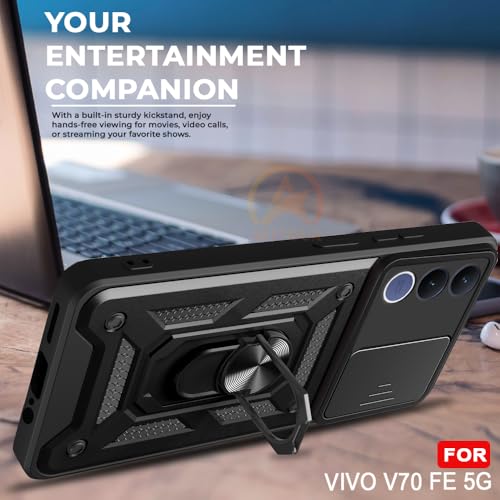 Image of Armor Bumper Back Cover Case for VIvo V70 FE 5G | Rotating Camera Cover, Ring Holder & Kickstand | Heavy Duty & 360 Degree Protection VIvo V70 FE 5G Back Cover (Black)