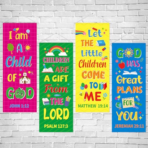 Image of Panelee 4 Pcs Church Banners for Sanctuary Wall Rainbow Cartoon Church Banners with Scripture Inspirational Religious Praise Bible Verses Hanging Backdrop Signs for Sunday School Worship Decoration