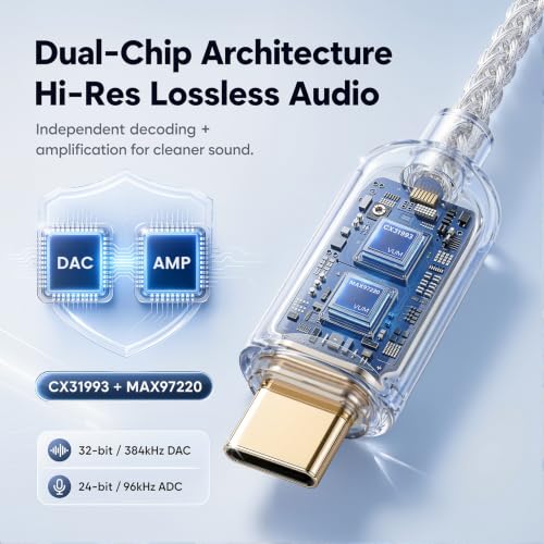 VUM USB-C à 3.5mm Casque Jack Hi-Res DAC & AMP Adaptateur audio double puce 32 Bit/384kHz DAC,CX31993&MAX97220 Chipset,8N OCC Câble plaqué argent,24K Connecteur plaqué or,TTRS HD Mic Entrée prise en charge