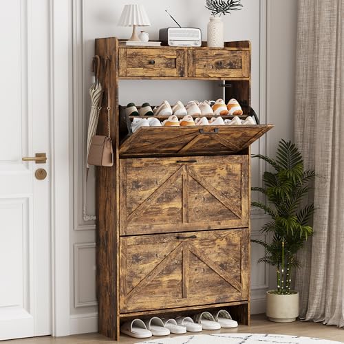 Image of Shoe Cabinet with 3 Flip Drawers & 2 Top Drawers, 57 inch Tall Freestanding Narrow Wooden Shoe Storage Organizer for Entryway, Hidden Slim Shoe Rack for Front Door Entrance, Hallway, Living Room, Brown