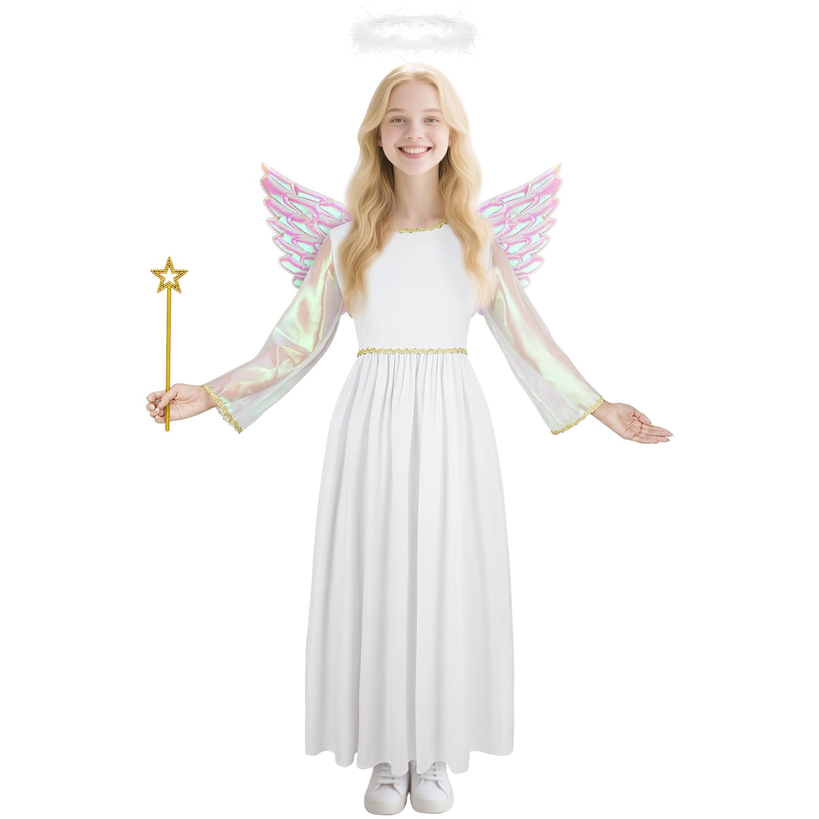 AYBUY Costumes Girls Angel, White Angel Dress with Wand Wings and Halo Girls Christening Dresses for Christmas Nativity