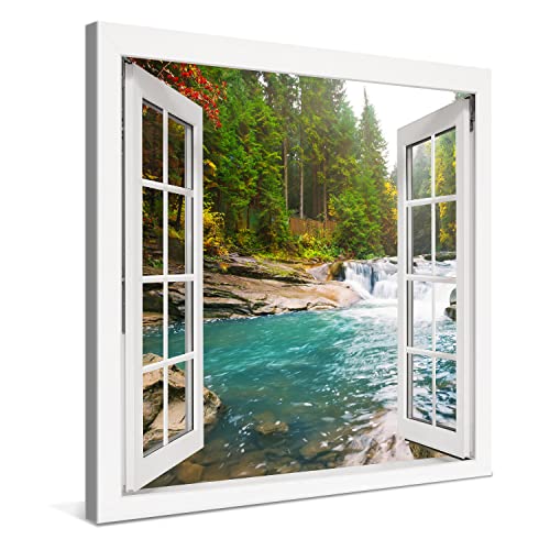 PICANOVA - Photo sur Toile Forêt Rivière Chûte d'eau Fenêtre 80x80cm - Impression sur Toile Haut de Gamme - Image sur Toile pour Décoration Murale Moderne - La Collection Forêt Cover