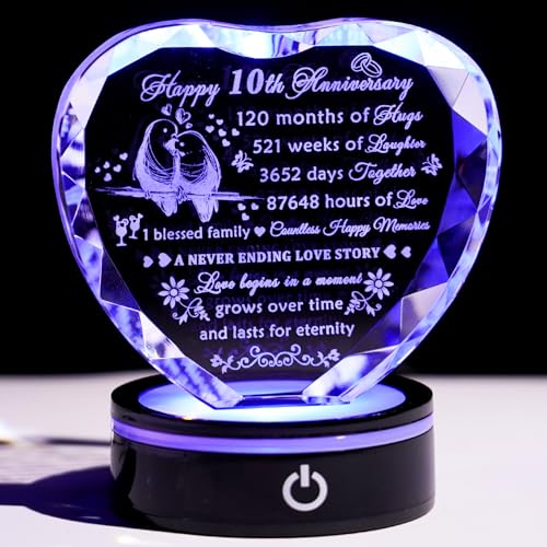 Product Image of the YWHL 10th Wedding Anniversary Crystal Heart Gifts for Couples with LED Base, Laser Engraved Happy 10th Anniversary Keepsake Gifts for Wife Husband, Romantic 10 Years of Marriage Gift for Her Him