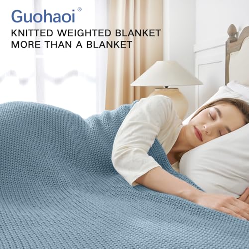 Guohaoi Knitted Weighted Blanket for Adults (Haze Blue 60"x80" 15lbs) No Beads Cooling Throw Blanket for Hot Sleepers, Home Decor Breathable Chunky Knit Heavy Blanket Use on Queen/King Size Bed