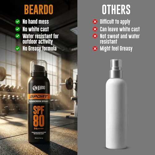 Image of BEARDO SPF 80 Sport Aerosol Sunscreen Spray PA++++ | Water & Sweat Resistant | Broad Spectrum UVA UVB Protection | Lightweight Quick Dry Aerosol | Outdoor Sports Sunscreen
