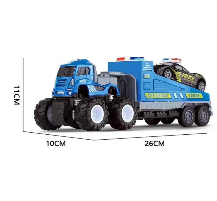 Image of SHIPEASE Friction Powered Police Car Transport Toys for Kids Boys Girls 1:43 Rescue Trailer Truck with Die Cast Model Cars Carrier Truck Toys Miniature Pull Back Vehicles (Multicolor)
