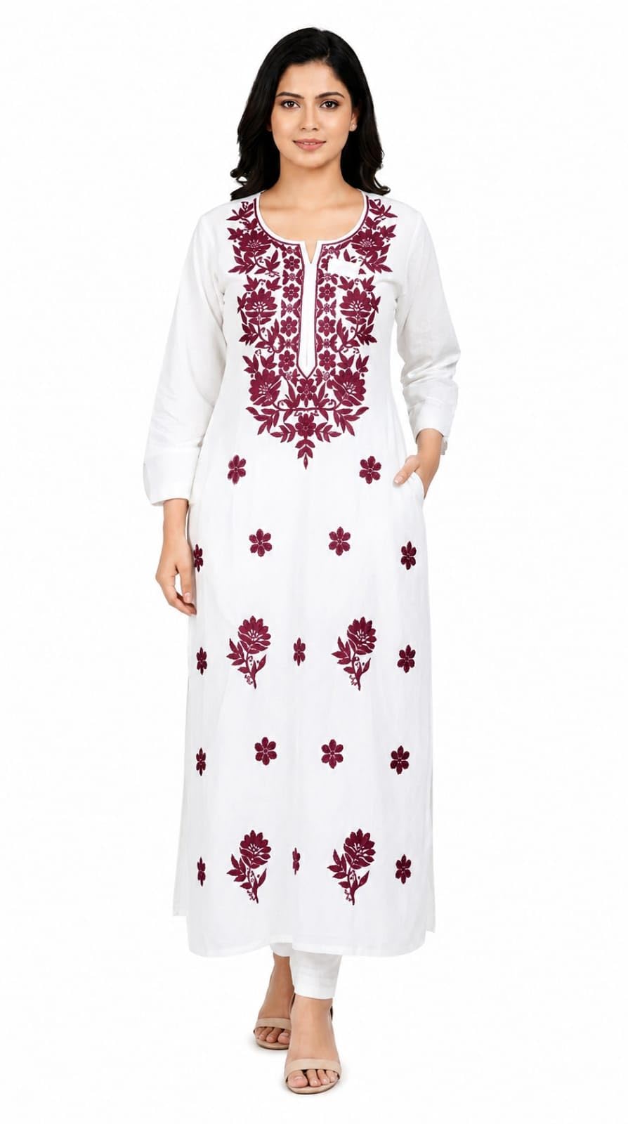 Women's White Rayon Long Kurti with Neck and Booti Computer Embroidery Work, 3/4 Sleeves, Plain Back, Sizes 40-60-picture-38