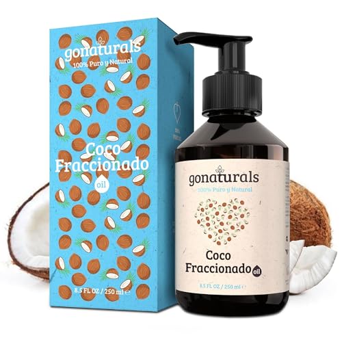 GoNaturals® Aceite de Coco Fraccionado - 100% Puro, Ligero, Inodoro y No Graso - Hidrata Piel, Cabello y Uñas - Desmaquillante Natural - 250ml - Absorción Rápida - Aceite Portador para Masajes