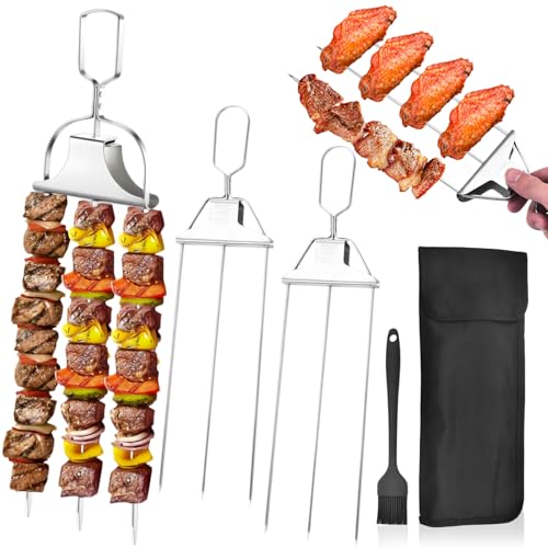 2026 New 3-Way Grill Skewers Kabob Sticks Stainless Steel Grill Skewers with Push Slider Bar Reusable Metal Skewer for Meat Chicken Sausages Veggies Shrimp (2Set)