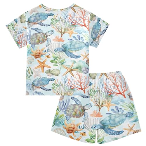 ALAZA Sea Turtle Coral Reef Starfish Pajamas Short Sleeve 2 Piece Sleepwear Top and Bottom Pajama Set Unisex2
