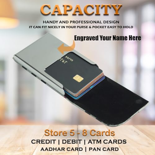 Image of Engraved Your Name Customized On Vertical Card Holder -Luxurious Unisex Design-RFID Blocking Stainless Steel 1 x 10 x 6 cm for Credit|Debit|ATM|Business Visiting Corporate Gift (White-PTI)