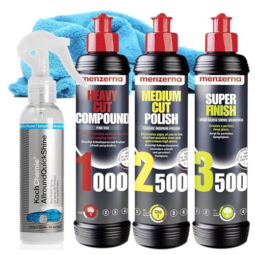 detailmate Menzerna Kit de polissage pour voiture comprenant: Heavy Cut 1000 + Medium Cut 2500 + Super Finish 3500 + chiffon microfibre 550 GSM + Sonax...