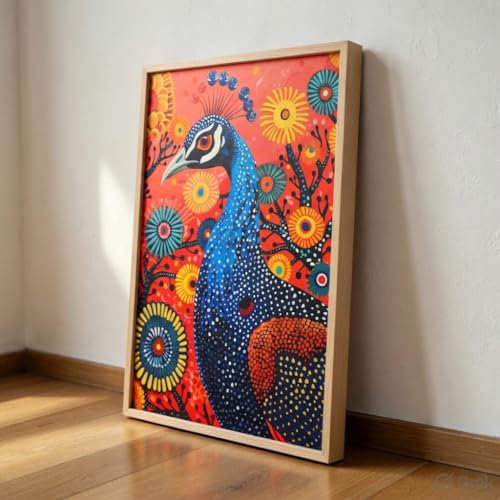 Image of Livin'luxe Colorful Peacock Folk Art Wall Painting with Wooden Frame | Vibrant Bird Artwork HD UV Laminated MDF Wall Decor | Modern Peacock Floral Art for Living Room Bedroom Home Decor