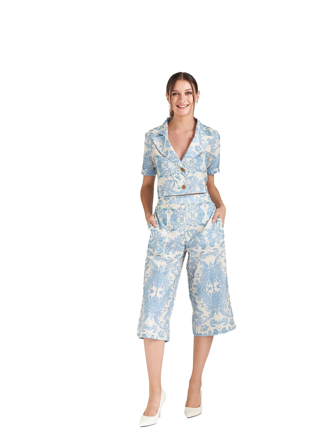 Blue Lapel Collar co-ord Set with Culottes-image-32