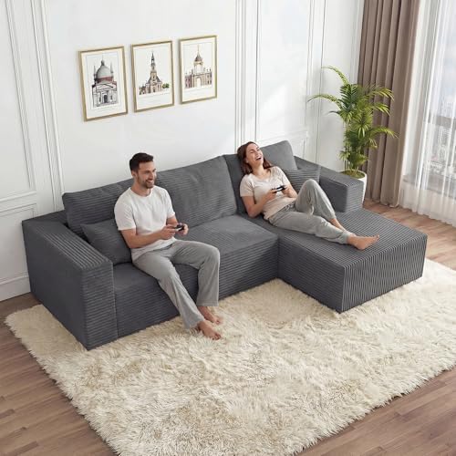 Image of 108 inch Modular Sectional Sofa,L-Shaped Cloud Couch with Deep Seats & Chaise,Convertible 4-in-1 Corduroy Boneless Couches for Living Room,Bedroom,No Need Assembly,Grey(Right Facing Chaise)