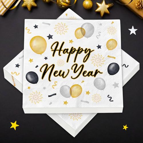 40 Stück Servietten Silvester Happy New Year, Silvester Deko 2026, Silvester Servietten für Silvester Tischdeko, Neujahr Party Dekoration（33 x 33 cm）