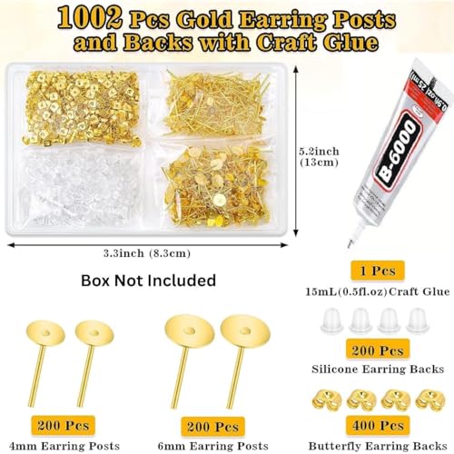 Image of Dhruv Crafts Jewelry Glue Kit with Stainless Steel Stud Posts, 1002 Pcs DIY Earring Making Supplies, Includes Butterfly & Rubber Backs for Jewelry Craft