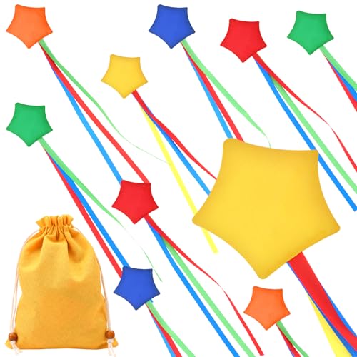 CCCYMM 10 Pcs Star Bean Bags Toss for Kids Throwing Colorful Cornhole Small Bean Bag with Ribbons 1 Carry Bag for Indoor Outdoor Tossing Game Carnival Toy Party Supplies