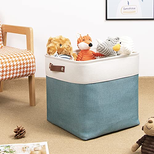 Image of DULLEMELO Cube Basket for Storage, Collapsible Fabric Cube for Organizing, Storage Cube for Closet, Laundry, Nursery, Shelves, Decorative Basket for Gifts Empty (White&Teal)