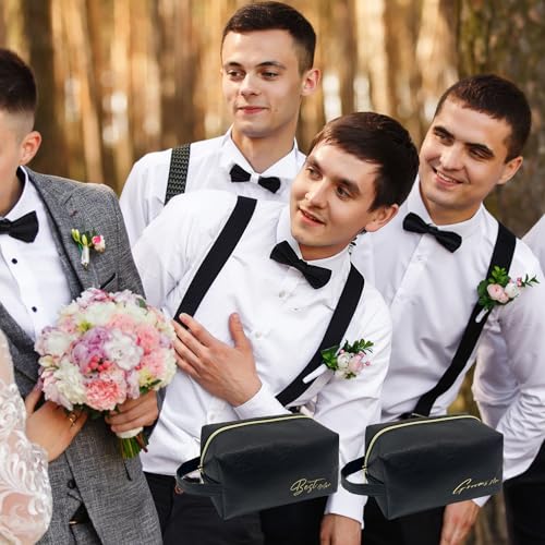 HXYCNNA 7 Sets Groomsmen Gifts Toiletry Bag Leather Cosmetic Bags Groomsmen Gift Water Resistant Toiletry Case with Zipper Shaving Bag Bowknot Greeting Card for Wedding Gift Bag (Black)4