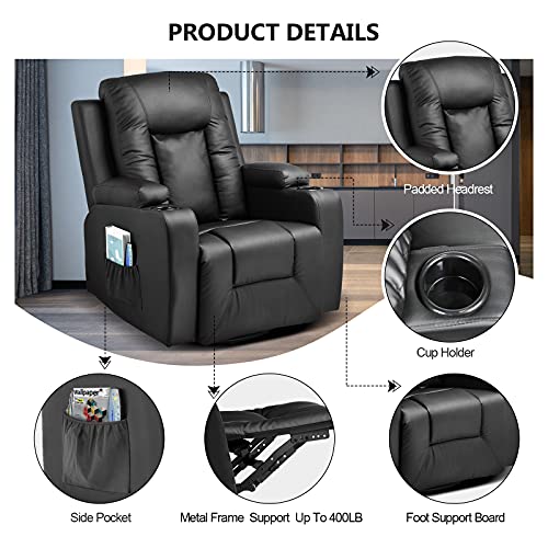 Comhoma Leather Recliner Chair Modern Rocker With Heated Massage Ergonomic Lounge 360 Degree Swivel Single Sofa Seat With Drink Holders Living Room Chair (Black) #TOP1