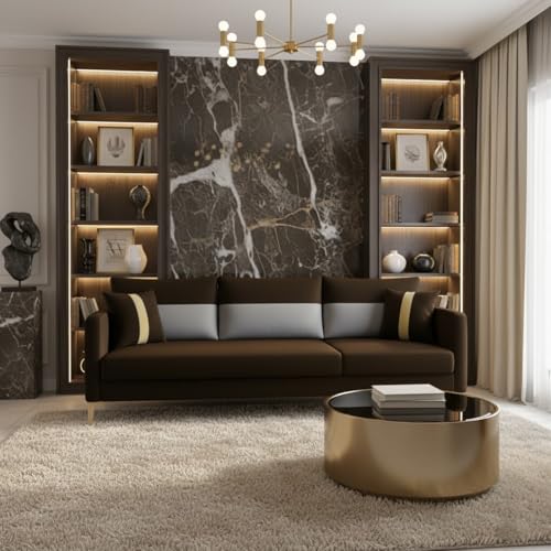 Image of FURNY Cassol 3 Seater Fabric Sofa Set (Light Grey-Brown) Premium Velvet Finish | Durable Comfort | Ideal for Living Room