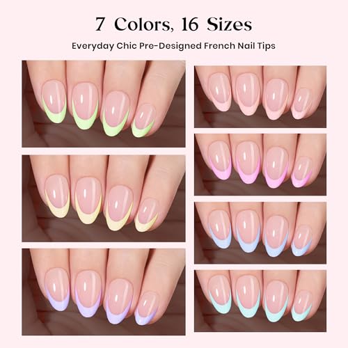Image of Beetles French Tip Press On Nails-224 Pcs 7 Colors, Short Almond Classic Fake Nail Tips, Pastel Romance Macaron Soft Nails Gel False Nails Art DIY For Women