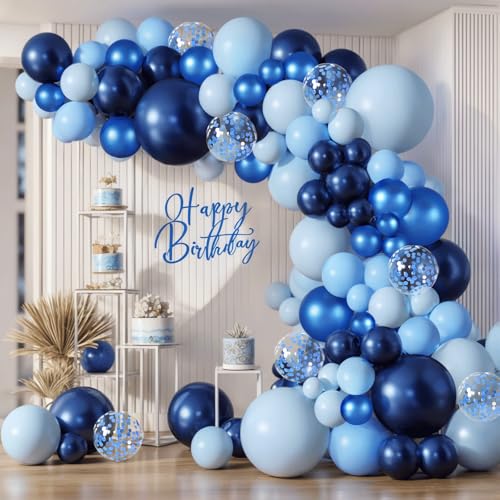 Zesliwy Blue Balloon Arch kit Navy Dark Metallic Blue and Matte Light Blue Balloons Garland with Blue Confetti Latex Balloons for Birthday Wedding Anniversary Gender Reveal Party Decorations
