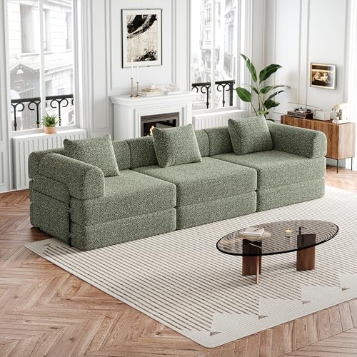 Canape Lit 3 Places, Clic Clac 3 Places Convertible, avec Compartiment de Rangement dans l'Accoudoir, Canapé Modulable en Chenille, Boneless Couch Sofa, DIY...