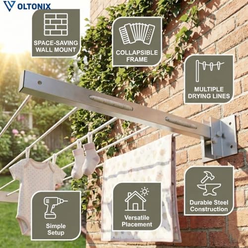 Image of Metal Foldable Wall Mount Cloth Drying Stand with 30 Feet Rope, Space Saving, Wall Mounted, for Balcony and Indoor Use (Grey)