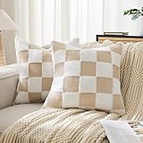Ohocut Checkered Jacquard Shag Throw Pillow Covers, Pack of 2 Fluffy Beige Sand Cute Decorative Boho Aesthetic Soft Checkered Throw Pillow Cases for Couch Sofa Bedroom,18x18 Inch