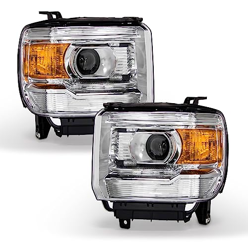 AXLAHA for 2014-2019 GMC Sierra Headlight Assembly 2014-2018 Sierra 1500 | 2015-2019 Sierra 2500/3500 Base/Denali/SLE/SLT Chrome Housing Amber Reflector Replacement Pair