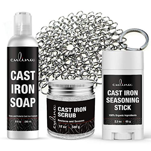 Culina Cast Iron Seasoning Stick & Soap & Restoring Scrub & Stainless Scrubber | All Natural Ingredients | Best for Cleaning, Non-stick Cooking & Restoring | for Cast Iron Cookware, Skillets, Pans