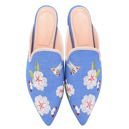 Image of Fericzot Women's Velvet Backless Pointed Toe Slip On Loafers Flats Embroidery Mule Slippers Shoes