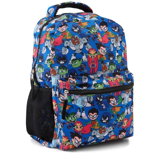 DC Comics Teen Titans Go! Allover Backpack - Beast Boy, Raven, Cybord, Robin and Silkie - Teen Titans Go! School Bookbag (Blue)