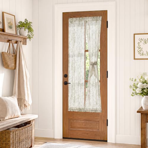 Image of jinchan Floral Sidelight Curtains for Front Door, 26x72, 2 Panels | 25% linen blend, green floral print, light filtering, rod pocket, tiebacks, washable, for front door sidelights