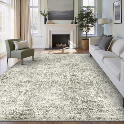 9x12 Area Rug Washable Vintage Neutral Living Room Carpet Large Indoor Non Slip Taupe Bedroom Distressed Low Pile Retro Accent Throw Rug for Dining Room