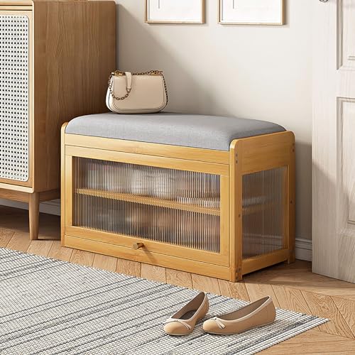 Banco Zapatero de bambú con Puertas abatibles y cojín de Cuero, Organizador de Zapatos de 2 Niveles para Entrada/Puerta de Entrada, Zapatero de Madera de 20 x 12 x 18 Pulgadas