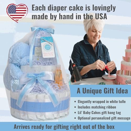 Image of Lil' Baby Cakes Baby Boy Diaper Cake for Baby Shower - Blue Premade Gift | Handmade 3-tier tower: 42 Swaddlers Size 1 diapers, Gund teddy bear & baby shampoo - newborn keepsake, ready to gift