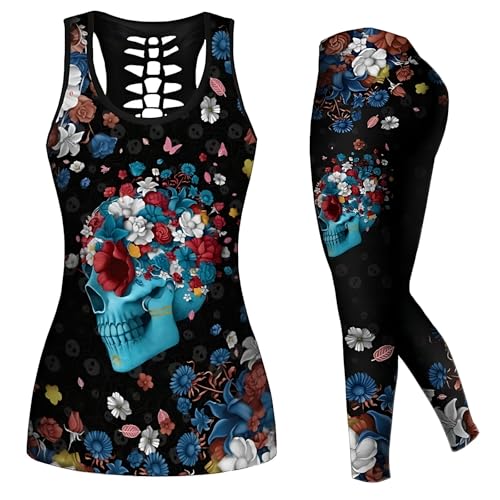 DRZHEAM Womens Sugar Skull Yoga Outfits for Women 2 Piece Sets Lounge Tank Tops Leggings Workout Activewear for Girls (US Alpha Small Regular Regular Black)