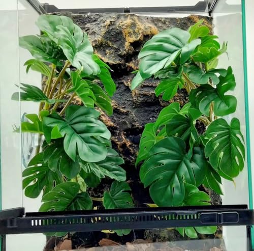 KERUIDENG Reptile Plants for Terrarium Decor Amphibian Habitat Decor Snake Tank Accessories Artificial Hanging Plants with Suction Cup-2 Packs (Fake Monstera)