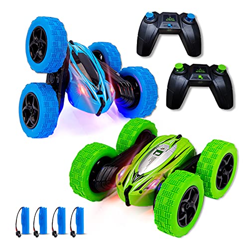 Acekid 2 Pack Remote Control Car, RC Stunt Cars for Boys, 4WD 2.4Ghz Double Sided 360° Rotating RC Car for Kids, 4 Rechargeable Battery, Blue+Green