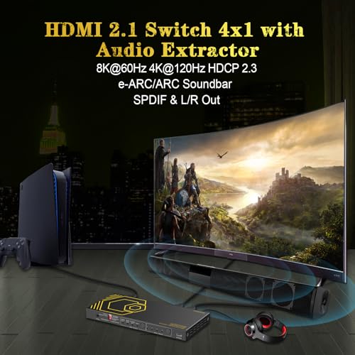 Corsahd CO-SW41H21A-EO 8K@60Hz 4K@120Hz Hdmi2.1 Switch 4 In 1 Out With Audio Extractor Earc,Arc,7.1Ch,Spdif 5.1Ch,48Gbps,Hdcp2.3 Bypass,Vrr,Ir,3D,Hdr 10,Dolby Atmos,Compatible With Qled Tv,Ps5,Xbox,Sonos Soundbar,Apple Tv thumb #7