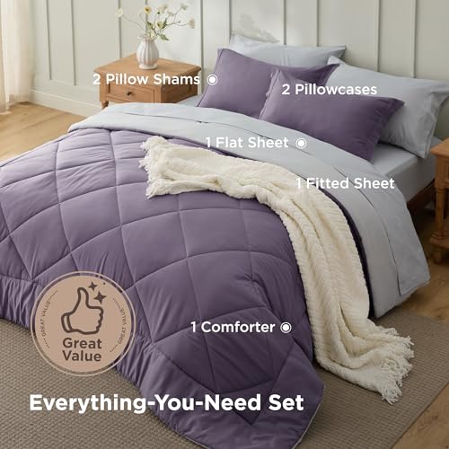 Image of Bedsure King Size Comforter Set - 7 Pieces Reversible Grayish Purple Bedding, King Size Bed Set for All Seasons, Bed in a Bag with Down Alternative Comforter, Sheets, Pillowcases & Shams