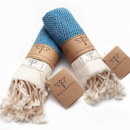 Smyrna Original - Juego de 2 toallas de mano turcas | 100% algodón, 16 x 40 pulgadas | Toalla decorativa de baño Peshtemal para manos, cara, cabello, gimnasio, yoga, té, paño de cocina, baño (azul) Cover