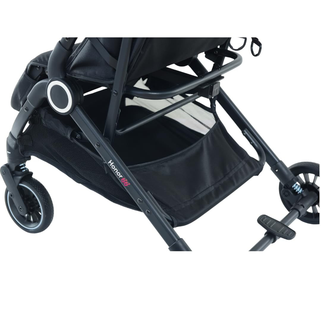 HonorBB ZOA Poussette Canne Bébé Légère et Compacte, 0-3 Ans, 0-15 kg, 3 Positions Inclinables, Pliage Automatique, Bandoulière, Moustiquaire et Protection Pluie Offerts – Essential Black