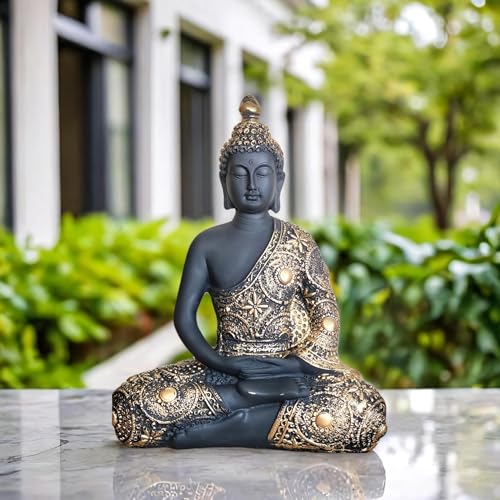 Image of YASHONIDHI Sitting Buddha Statue for Home and Office Decor, Resin, Black and Gold, Height: 24 cm, Showpiece